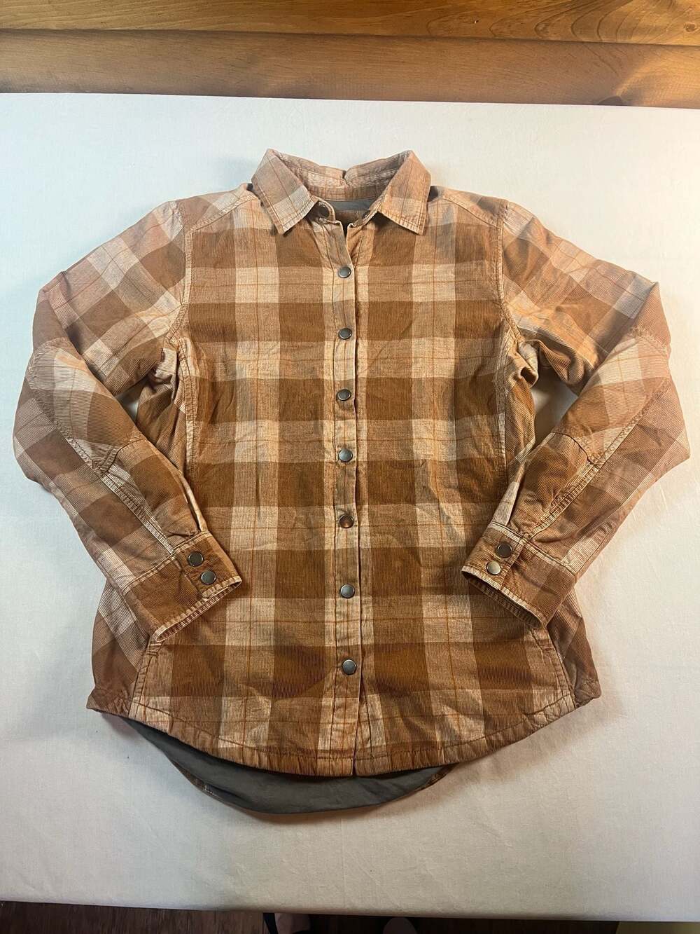prAna Women's Brown Plaid Corduroy Snap-Button Shirt Jacket Organic Cotton Small - Picture 1 of 11